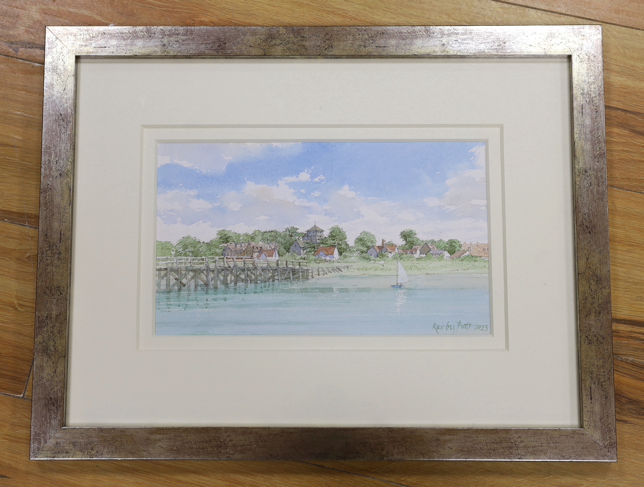 Dennis Roxby Bott RWS (b.1948) watercolour, Wooden bridge at Shoreham, signed and dated 2023, inscribed RWS - Home Exhibition label verso, 19 x 31cm